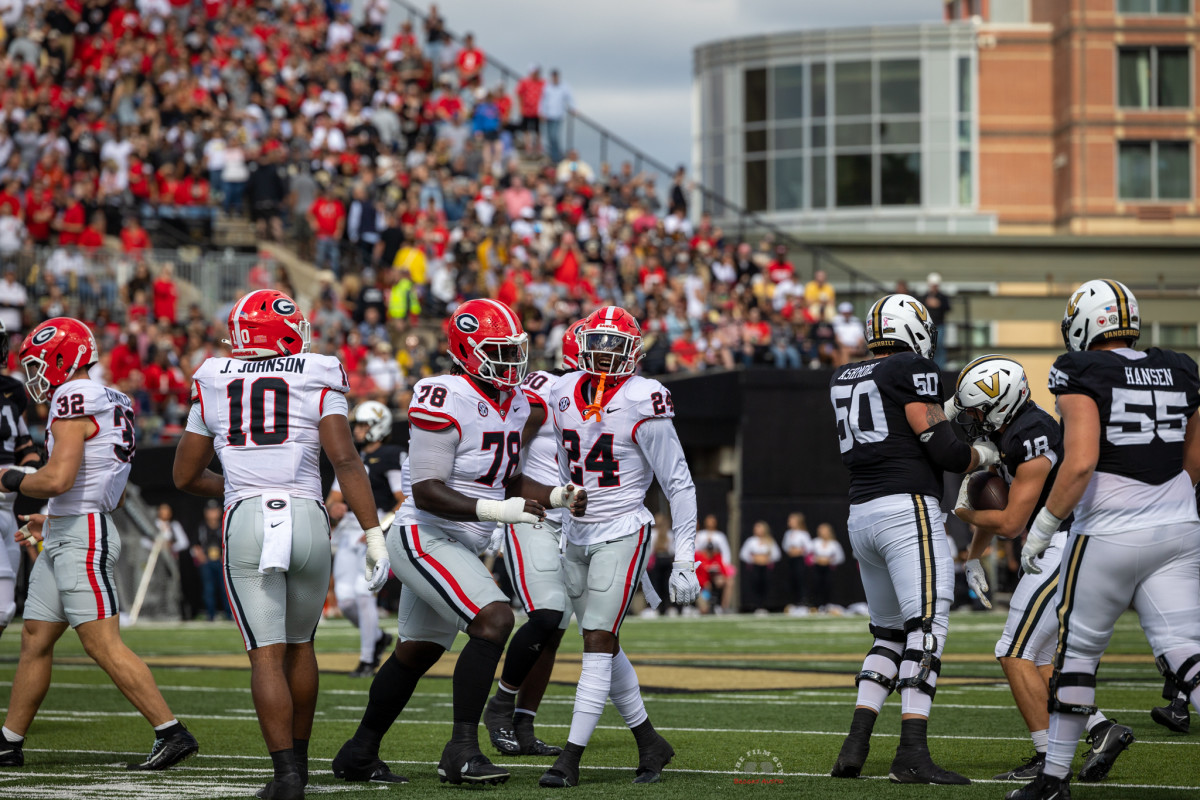 #10 Jamon Dumas-Johnson, #32 Chas Chambliss, #24 Malaki Starks, and #78 Nazir Stackhouse after a play was called dead during Vanderbilt game on October 14th. 
